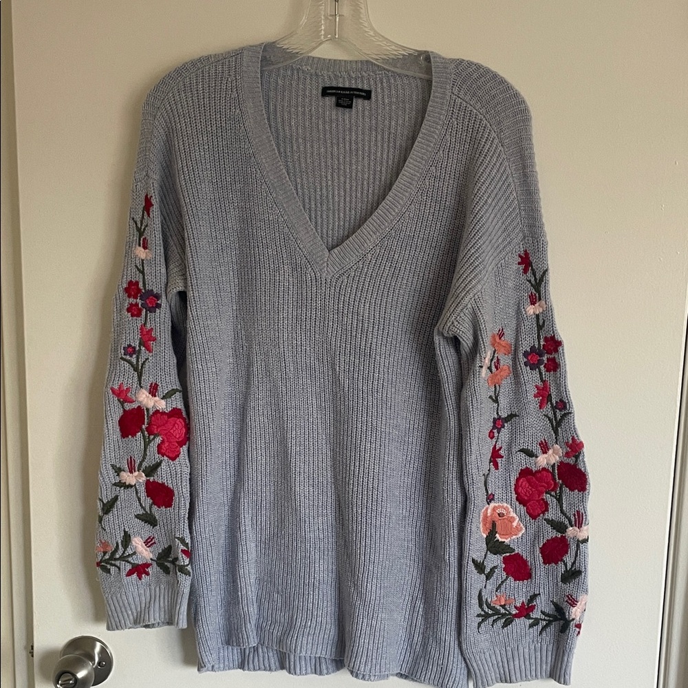 American Eagle Outfitters Light Blue V-Neck Sweater with Floral Embroidery